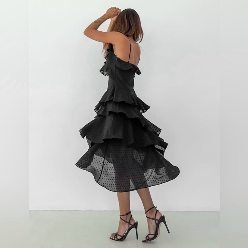 NEW Rumored Dot Ruffle Tiered Cha Cha Midi Dress in Black Women's Small $128 - Picture 3 of 12
